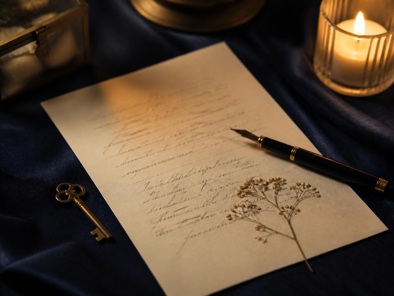 A handwritten letter resting on navy blue linen, lit by candlelight